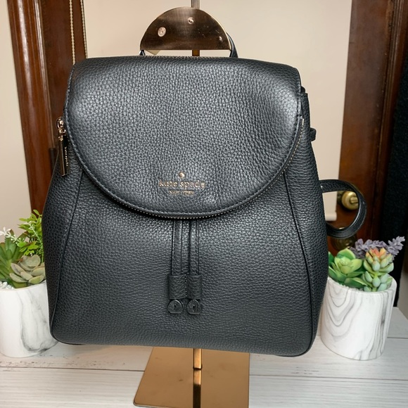 KATE SPADE Leila Medium Black Flap Pebbled Leather Backpack ♠️